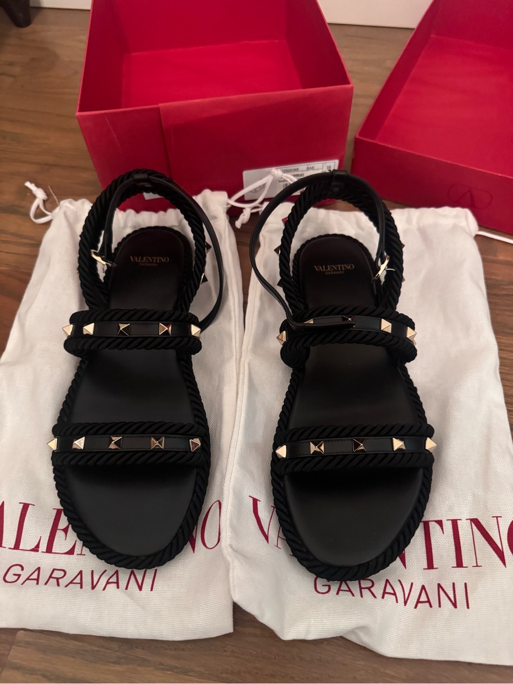 Valentino Black Rope Studded Flat Sandals with Gold-Tone Studs